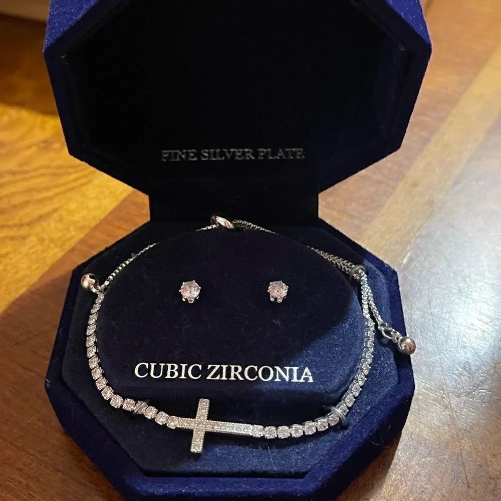 Silver Plate Cubic Zirconia Slider bracelet and Stud Earring Set